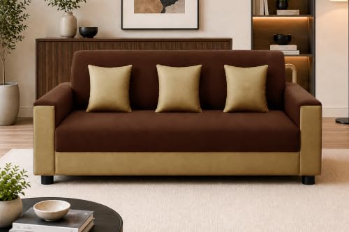 Image of Modern 3 Seater Sofa | Contemporary Upholstered Couch | Premium Cushioned Seating | Stylish Armrest Design | Comfortable Sofa for Living Room, Bedroom & Office - Brown + Beige Color