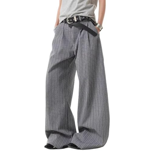 Mens Retro Plaid Casual Pants Summer Streetwear Loose Straight-Leg Wide Leg Pants3