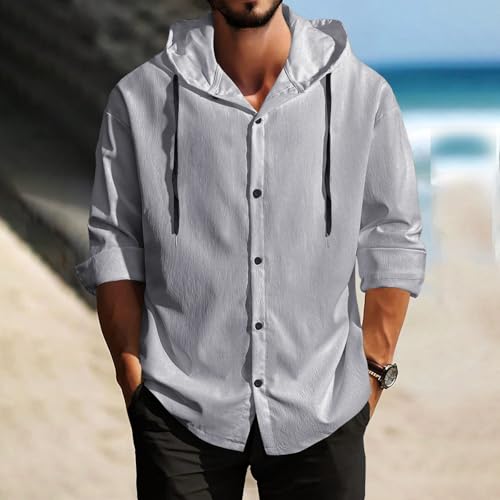Stylish 2025 Mens Linen Long Sleeve Hooded Button Down T-Shirt