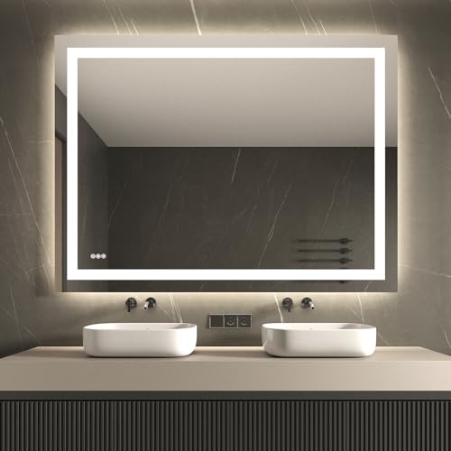 Waikmdv LED Bathroom Mirror 48"x36" with Front and Backlight, Tempered Glass Vanity Mirror with Stepless Dimmable Anti-Fog Memory Function, Double LED Wall Vanity Mirror for Over Sink