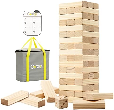 GOROCK Giant Tumble Tower, Stacking Timber with Scoreboard | Dice | Carrying Bag, 57 PCS Wooden Block Building Game for Kids Adults Family(Stacks Up to 4.2 FT)