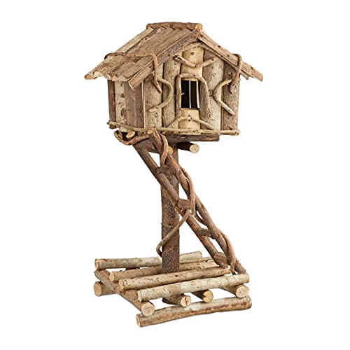 Relaxdays Nichoir à oiseaux décoration maison à oiseaux en bois sur pied à poser villa fait main, nature
