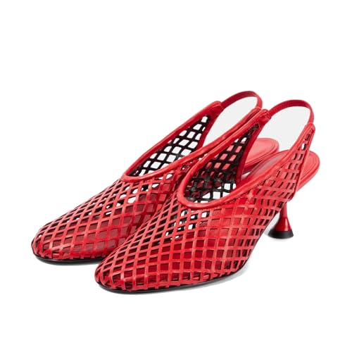 Women's Leather & Mesh Slingback Pumps, Closed Round Toe Fishnet Stiletto Heels for Casual Office Spring Shoes4