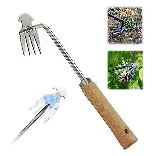 Amposei Weeding Artifact Uprooting Weeding Tool, Multifunctional Weeder, Hand Weeder Tool, 4 Teeth Stand Up Weed Puller Tool With Handle For Garden Yard Farm Weed Removal (11In, Wood Handle) #TOP16
