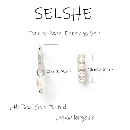 Image of Gold Plated Earrings for Women, 14k Gold Plated Earring Stack Hypoallergenic Pearl Drop Earring Dainty Earrings for Women Trendy Cute Small Huggie Hoop Earring Fashion Womens Jewelry