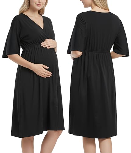 NY Threads Labor and Delivery Gown 3 in 1 Maternity Dress for Women Hospital Gown for Post Partum Nursing Nightgown for Breastfeeding Medium Black