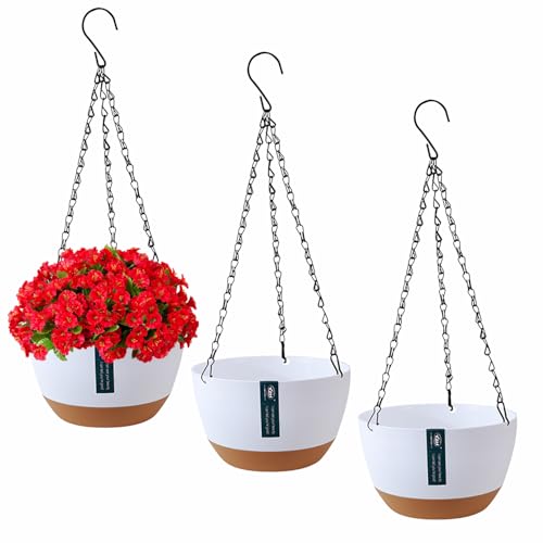 Exquilnova 3 Stück Blumentopf Hängend Blumenampel für Innen Außen, Hängetopf für Pflanzen mit Drainagelöchern und Abnehmbarem Untersetzer, Hängeampel Blumentöpfe zum Aufhängen (Weiß)