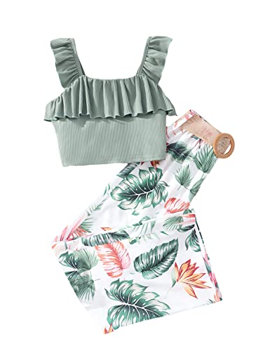 Image of WDIRARA Girls 2 Piece Summer Outfits Ruffle Trim Sleeveless Top & Tropical Print Pants with Belt Beach Hawaiian Set
