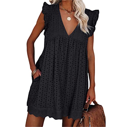 Lerrita Robe d'été à Manches Courtes pour Femmes Tenue décontractée avec Short intégré élégante Robe à col en V à Manches volantées Dentelle Jacquard Couleur Unie Robe Ample avec Poches Cover