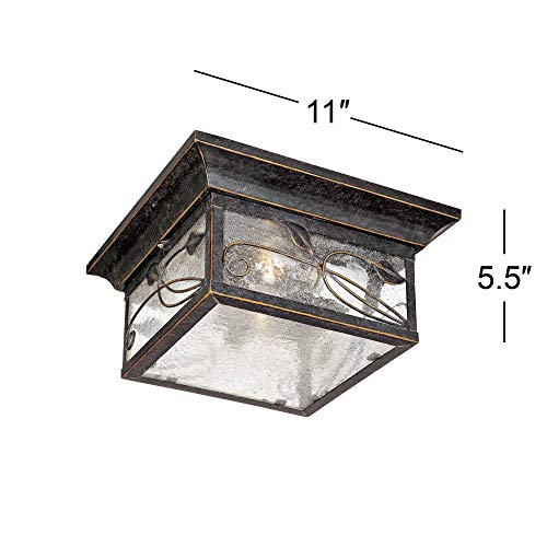 Franklin Iron Works French Garden Rustic Flush-Mount Outdoor Ceiling Light Bronze Leaf And Vine Motif 11" Seedy Glass Damp Rated For Exterior House Porch Patio Outside Deck Garage Front Door Home #TOP4