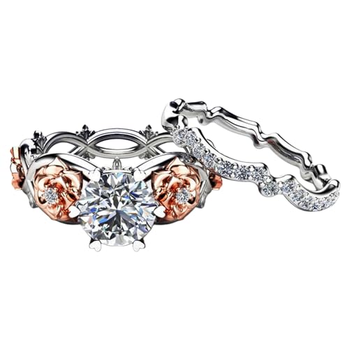 Silver Plated Two-in-One Halo Wedding Engagement Proposal Eternity Square Ring Set Round Cut Created White Topaz CZ Cubic Zirconia Pave Filled Women's Band for Bridal Mom Lover3