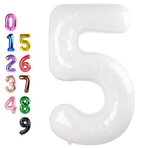 Image of Number Balloons 5 Balloon White for 5th Birthday Party Decorations, 40 inch | Saturated Color, Large 40 inch, With Inflation Straw & Hanging Hole, Great for Bridal Party, Wedding, Thanksgiving, Christmas