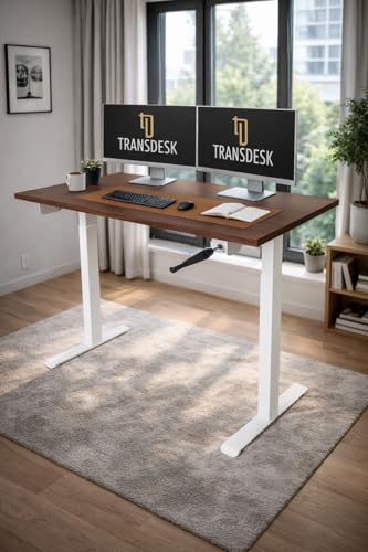 Image of Manual Hand Crank Standing Desk| Non Electric Height Adjustable Sit Stand Table| Ergonomic Workstation with Sturdy Steel| 25mm Walnut Top & White Frame| Supports 60KG Weight| 3 Year Warranty