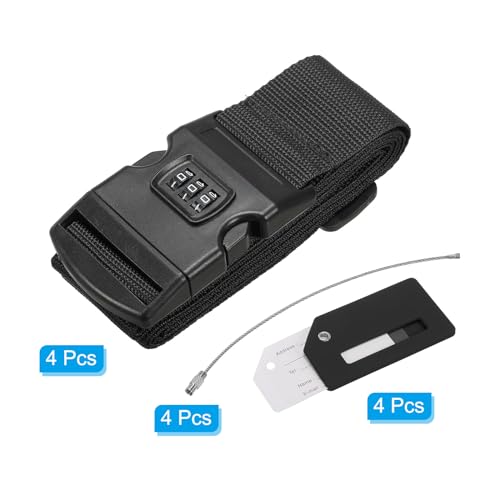 Image of PATIKIL Luggage Strap with Combination Lock Luggage Tag and Loop 78 inchx2 inch, 4 Set Adjustable Suitcase Belt for Travel Packing Bag Closure Identify, Black