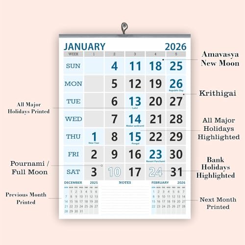 Image of English Wall Calendar 2026, 14x20 inch 12 sheets of monthly wall calendar 2026, 130 GSM Art Paper, art paper with glossy look and feel with oil print