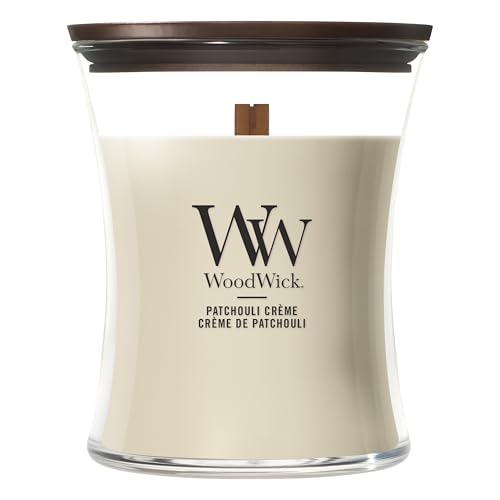 WoodWick Bougie parfumée avec mèche crépitante | Bougie Sablier moyenne Patchouli Crème | Bougies à combustion longue : Jusqu’à 6pk0 heures | Le cadeau parfait pour les femmes