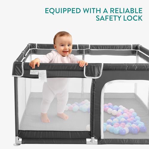 Image of Navaris Baby Large Playpen - 51.2 inch x 51.2 inch (130 x 130cm) Breathable Mesh Playground with Safety Gate - Indoors Outdoors Play Pen for Babies and Toddlers - Extra Large Play Area