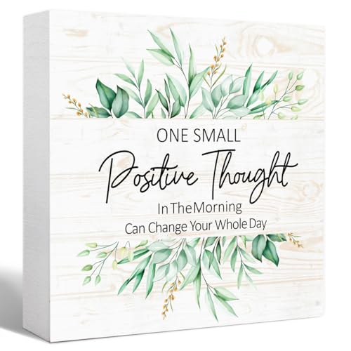 One Small Positive Thought Sign Wood Box,Inspirational Quote Wooden Block Sign for Home Office Tabletop Shelf Decor 5" x 5",Motivational Desk Decor Accessories for Women