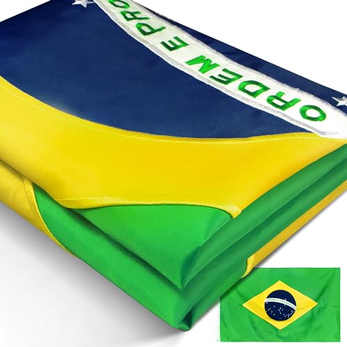 Anley EverStrong Series haftowana flaga Brazylii 3x5 stóp-haft i nagłówek płótna o dużej wytrzymałości-4 rzędy szwów blokujących-Nylonowe brazylijskie flagi narodowe z mosiężnymi przelotkami