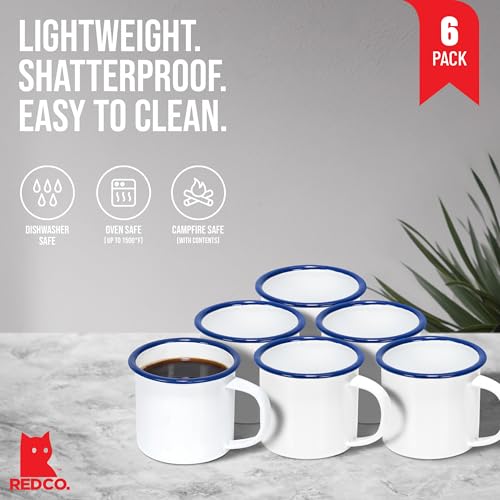 Red Co. Set of 6 Enamelware Metal Small Classic 5 Oz Round Coffee and Tea Mug with Handle, Solid White/Navy Blue Rim