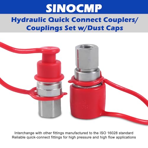 Image of 1 /4 inch Body & 1 /4 inch NPT Hydraulic Quick Connect Fittings Thread Set - Flat Face Hydraulic Couplers with Dust Caps, High Flow Skid Steer ISO 16028 Hydraulic Fittings