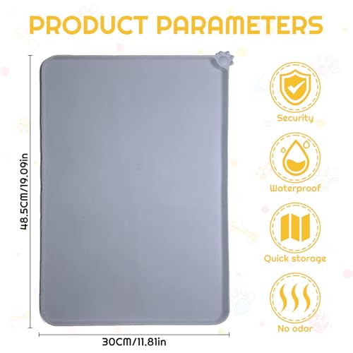Dog & Cat Food Mat - Non Slip, Waterproof, Silicone Mat with Bowls (47x30cm, Grey) - Image 3