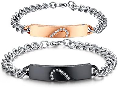 Asma Jewel HouseStainless Steel Cubic Zirconia Puzzle Matching Heart ID 2 Pieces Couple Bracelet Link Chain Valentine Lover