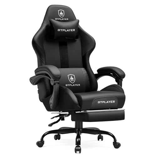 Image of GTPLAYER Gaming Chair with Pocket Spring Cushion, Leather Office Chair with Ergonomic High Back & Lumbar Support for Back Pain Relief, Computer Game Chair for Adults, Black