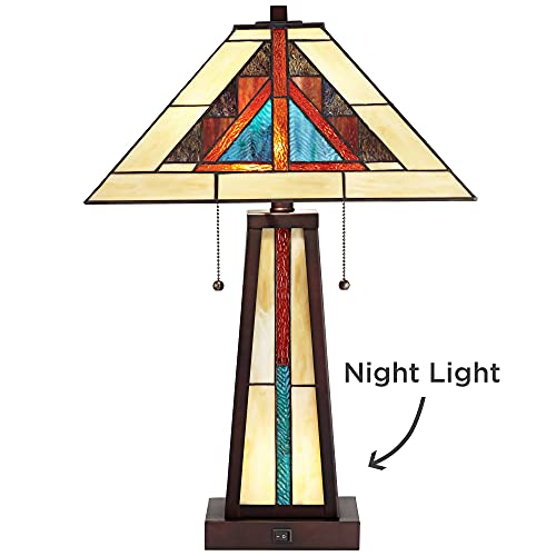 Robert Louis Tiffany Ansel Rustic Tiffany Style Accent Table Lamp With Nightlight Led 23.25" High Bronze Metal Stained Art Glass Shade Decor For Living Room Bedroom House Bedside Nightstand Home #TOP6