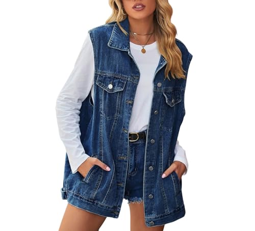Anzber Women's Denim Vest Sleeveless Button Denim Jacket,Dark blue,S