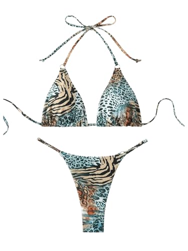 Women's 2 Piece Leopard Animal Print Bikini Sets Halter Tie String Swimsuits High Cut Sexy Bathing Suits