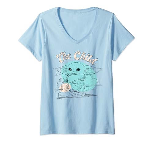 T-shirt Star Wars imprimé croquis Grogu en coton haut de gamme col V femme