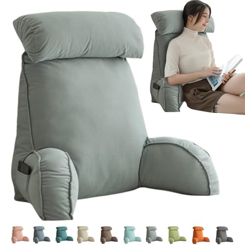 背もたれ クッション 枕付き 低反発 レストクッション 座椅子 腰楽クッション ソファクッションベッド用 自宅用 ポケット付き 枕・カバー取り外しができ 洗える 持ち運び便利 アームサポート (薄いグレー)