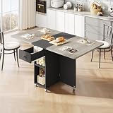 Jocoevol Table à Manger Pliable Gain de Place pour 4 Personnes, Table de Repas Pliante avec Tiroir et étagère de Rangement, Table de Cuisine et de Salle à Manger à Plateau Rabattable équipée (Gris)