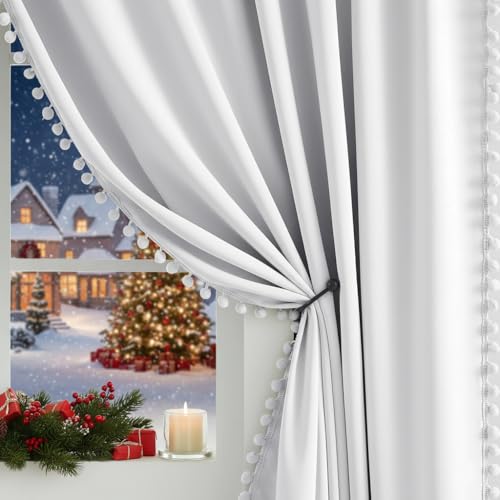 Abstractex Greyish White Pom Pom Blackout Curtains for Living-Room 90 Inch Energy Saving Window Curtains for Bedroom Thermal Insulated Eyelet Top Drapes for Kids Nursery Guest Room 54" W 2 Panels