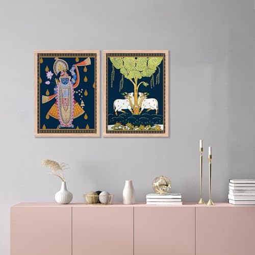 Image of kotart Traditional Indian Wall Art Painting Set of 2 | Kamdhenu Cow Design | MDF Wooden Framed Spiritual Wall Decor for Living Room, Pooja Room & Home (Art 5, 25x37 Inch)