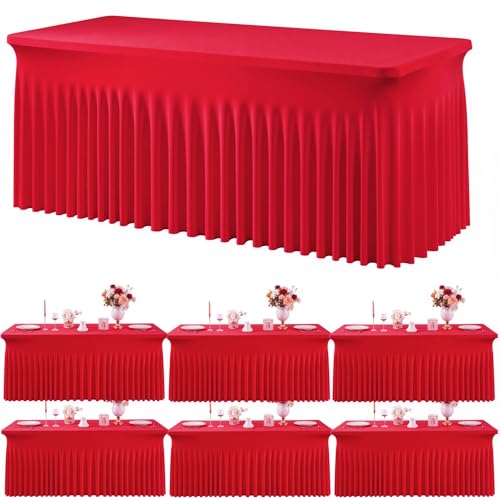 Image of Outpain 6ft Spandex Polyester Blend Tablecloth for Standard Folding Tables - 6 Pack Red Table Protector for Party, Wedding, Banquet, Festival