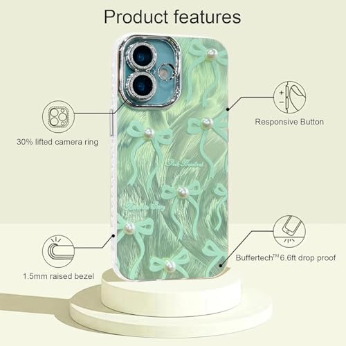 Image of VONZEE Compatible with iPhone 16 6.1'' Case Luxury Pink Girly Cute 3D Bow Pearl Glitter Bling Case with Full Camera Protection Shockproof PC+TPU Glossy Shiny Cover for Girls Women, Green