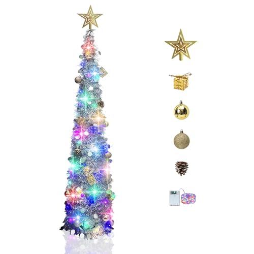 WYMDSJPP Pop Up Pencil Christmas Tree with Lights, 5FT Artificial Prelit Slim Christmas Tree for...
