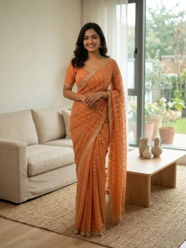 Image of RADHA Women's Embroidery Work Saree with Designer Border for Festive and Traditional Ethnic Drape Saree with Detailed Thread Style Pattern and Elegant Occasion Look