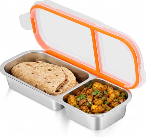 Image of Sinbyuer Stainless Steel Snack Containers, Grab and Go Snack Containers Reusable, 2 Compartment Food Storage Containers with Lids for Travel and Outdoor Camping (700ML)