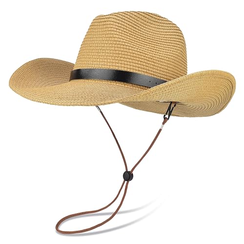 EINSKEY Adjustable Straw Cowboy Hat for Men Women, Western Cowgirl Hat Shapeable Wide Brim Sun Hat with Detachable Chin Strap