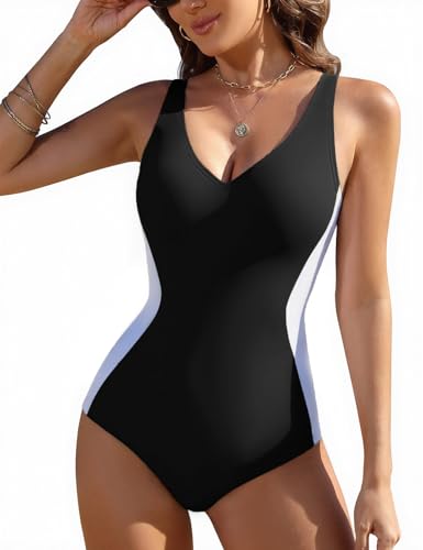 Vijamiy Bañador Mujer Traje de Baño Una Pieza Sexy con Cuello En V Push Up Espalda de Encaje y Bloques de Color Swimsuit(Negro,XL)