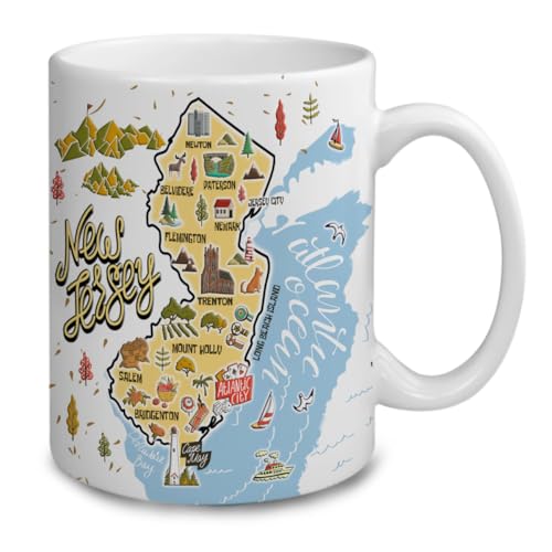 Lotacy New Jersey NJ Symbols Coffee Mug, New Jersey Souvenirs and Gifts Ideas, 11oz, Born And Raised In The Garden State