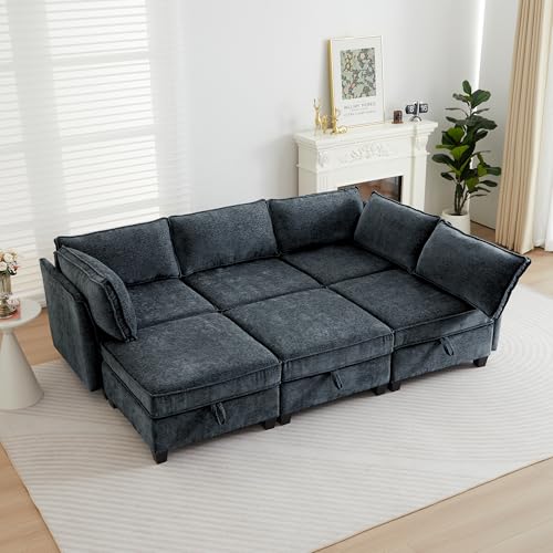 Image of ORRD Sleeper Modular Sectional Sofa Set, Convertible Couch Bed with Storage, 6 Seater and 3 Armrestes Sofa Modular for Living Room, Office (Blue Grey)