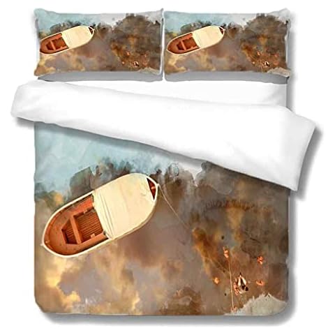 AYGWHW Duvet Cover Set, Light Weight - Single Size: 135 X 200 Cm + 2 Matching Pillowcase - Beach Boat Pattern Quilt Breathable Bedding - Easy Care And Super Soft Microfiber Design Cover