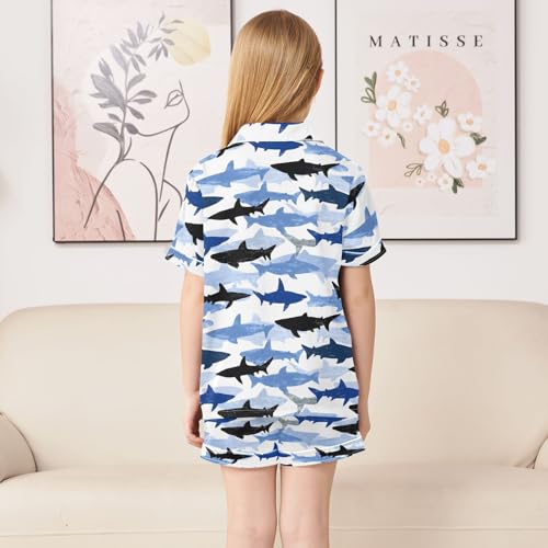 Blue Black Cartoon Shark Pattern Summer Satin Pajama Set, Cute Button-Down Sleepwear Pj Set for Sleep Wears4
