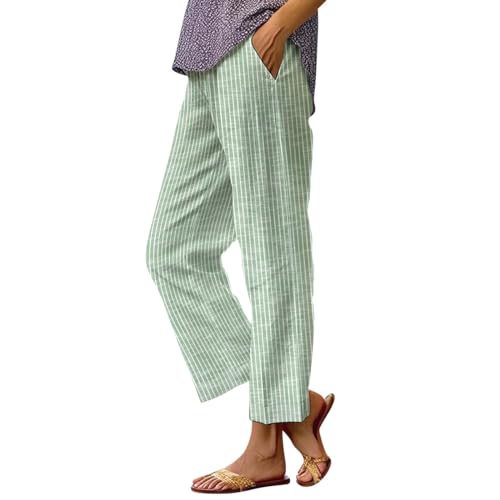 Pantalones de algodón y lino para mujer, de verano, sueltos, palazzo, con bolsillos, cintura elástica, casuales, rectos, bohemios, pantalones deportivos para mujer, Verde 02, XL