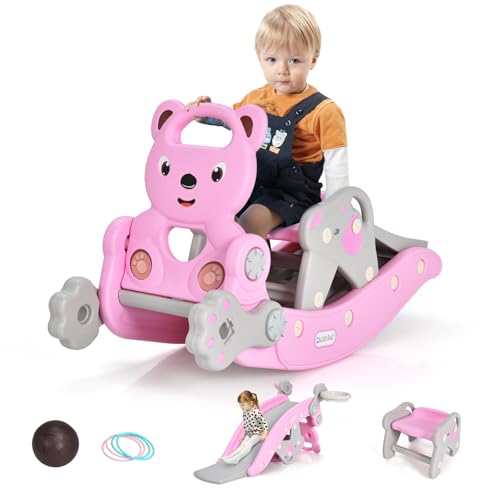 GLACER 5 in 1 Toddler Slide Rocking Toy, Rocking Horse Playset with Slide, Basketball Hoop, Ring Toss Game, Stool & Inflatable Basketball, Convertible Climber Playground for Indoors Outdoors (Pink)