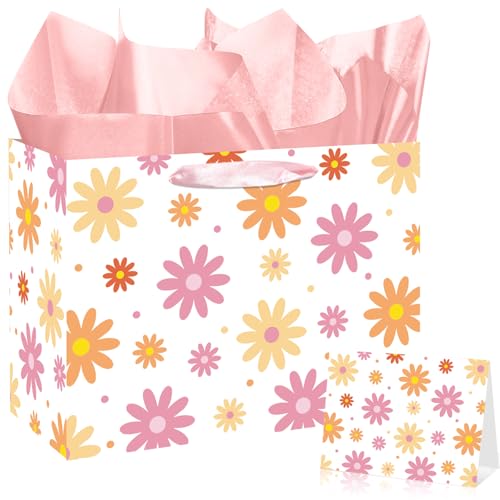 Daisy Groovy Party Bag for Girls Pink Groovy Daisy Flower Wrapping Bag with Tissue Paper Card for Women Christmas Retro Hippie Birthday Baby Shower Wedding Wildflower Decorations Party Supplies(White Dasiy)